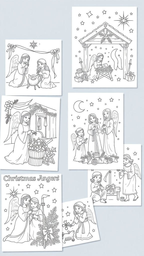 Jesus Christmas Coloring Pages for Kids A variety of Christmas coloring pages depicting the Nativity, angels, and festive scenes for kids to color.